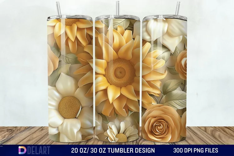 3d Sunflower & Roses Flowers Tumbler Wrap