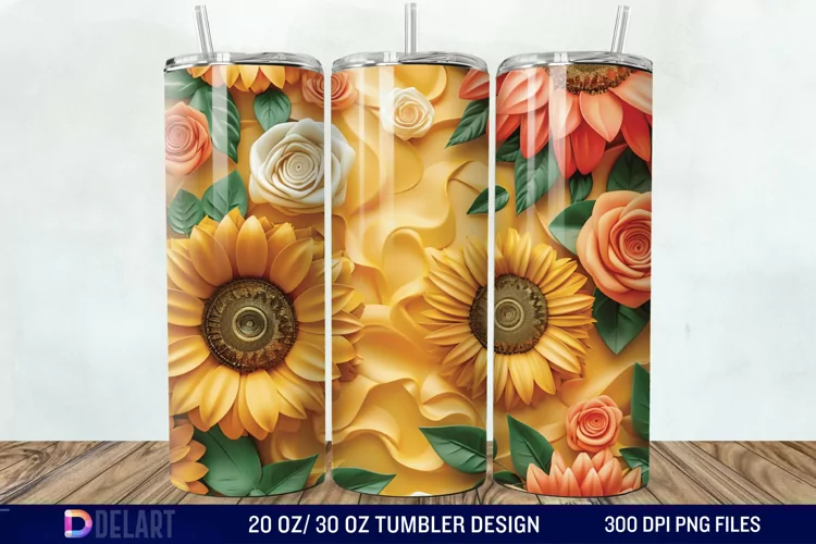 3d Sunflower & Roses Flowers Tumbler Wrap