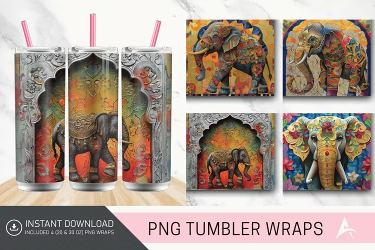 3D Thai Elephant Painting and Tapered Skinny Tumbler Wrap