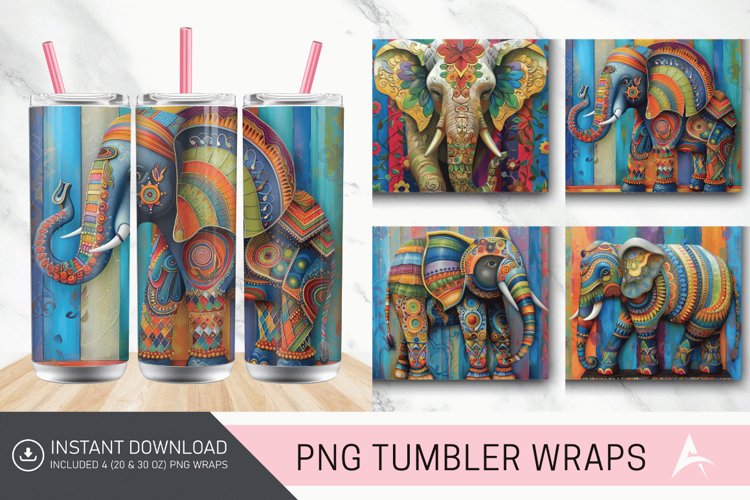 3D Thai Elephant Painting and Tapered Skinny Tumbler Wrap