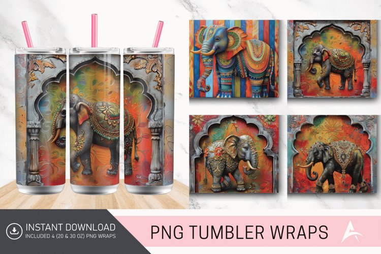 3D Thai Elephant Painting and Tapered Skinny Tumbler Wrap example image 1