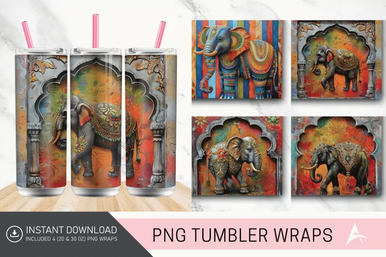 3D Thai Elephant Painting and Tapered Skinny Tumbler Wrap