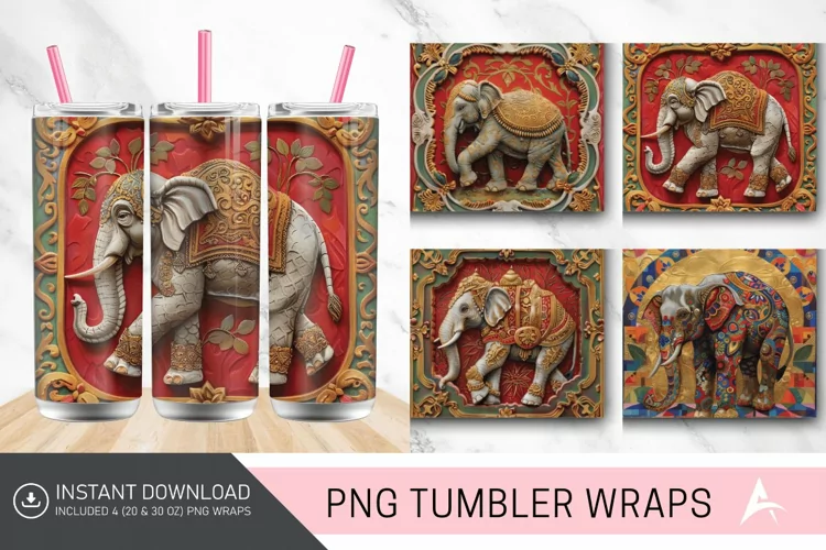 3D Thai Elephant Painting and Tapered Skinny Tumbler Wrap