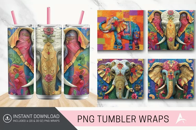 3D Thai Elephant Painting and Tapered Skinny Tumbler Wrap