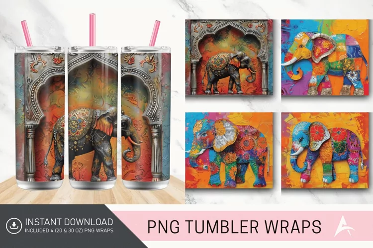 3D Thai Elephant Painting and Tapered Skinny Tumbler Wrap