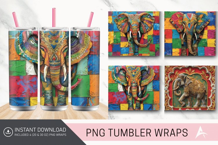 3D Thai Elephant Painting and Tapered Skinny Tumbler Wrap example image 1