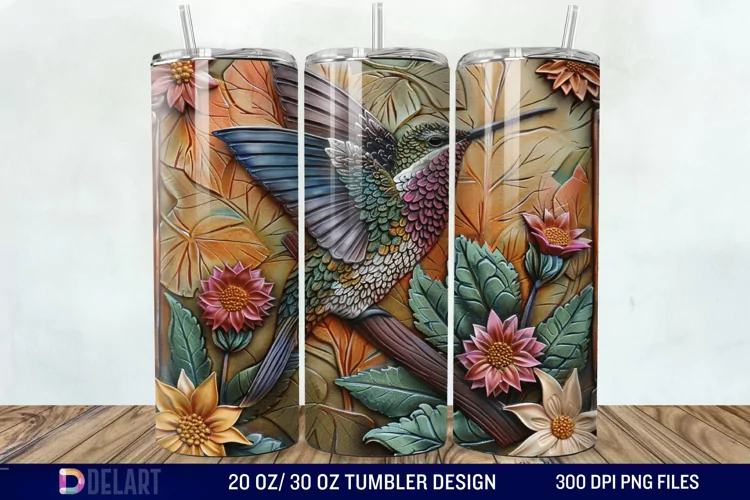 3D Tooled Leather Hummingbird Tumbler Wrap