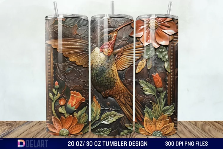 3D Tooled Leather Hummingbird Tumbler Wrap