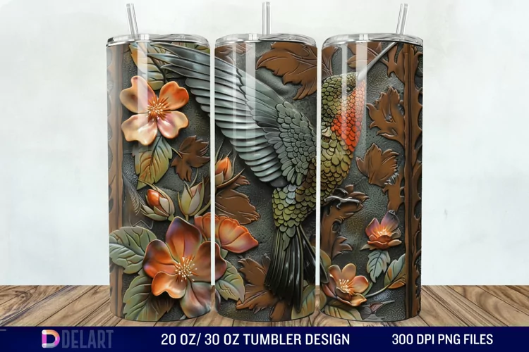 3D Tooled Leather Hummingbird Tumbler Wrap