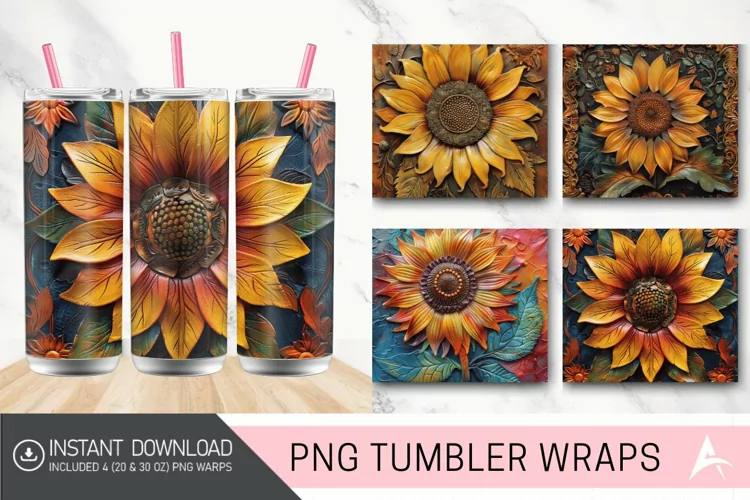 3D tooled leather sunflower Tumbler Wrap