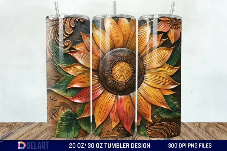 3D Tooled Leather Sunflower Tumbler Wrap
