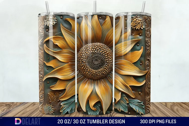 3D Tooled Leather Sunflower Tumbler Wrap