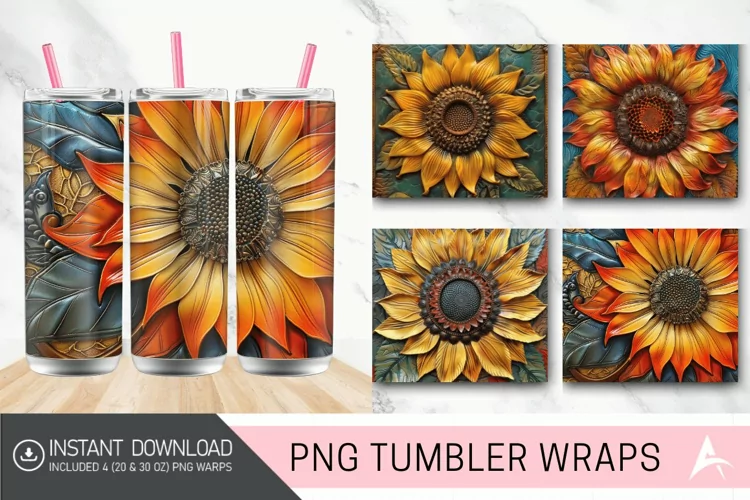 3D tooled leather sunflower Tumbler Wrap