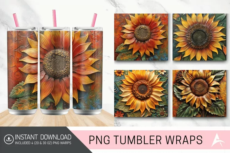 3D tooled leather sunflower Tumbler Wrap