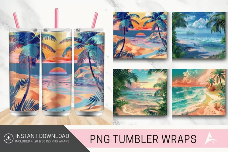 3D Tropical Beach Tumbler wrap