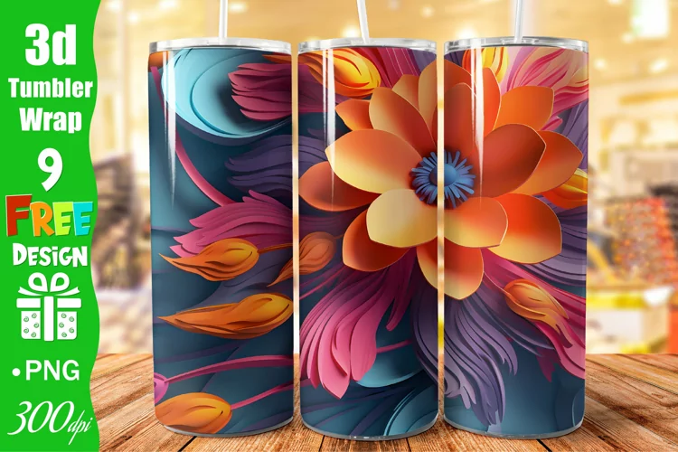 3D Flowers 20 Oz Tumbler Wrap, 3D Flowers Tumbler Design
