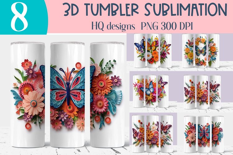 3D Tumbler Sublimation BUNDLE | Flowers and butterflies PNG