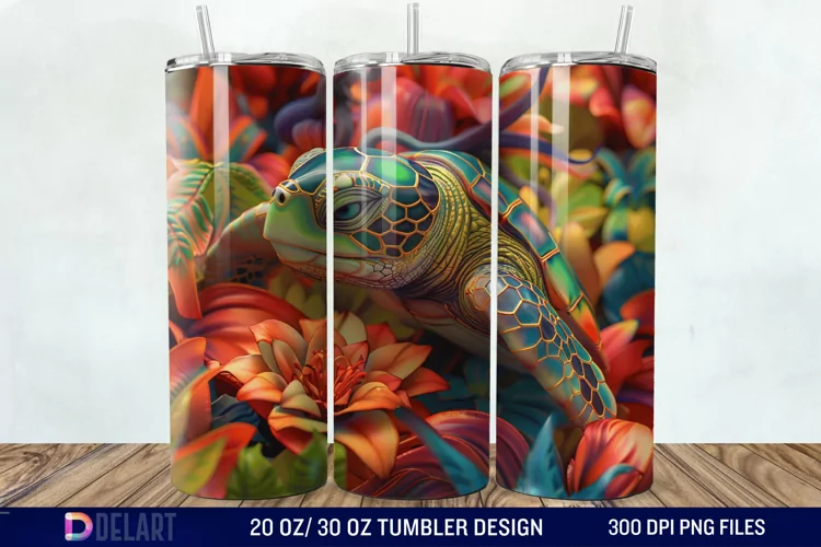 3D Turtle Flowers Tumbler wrap