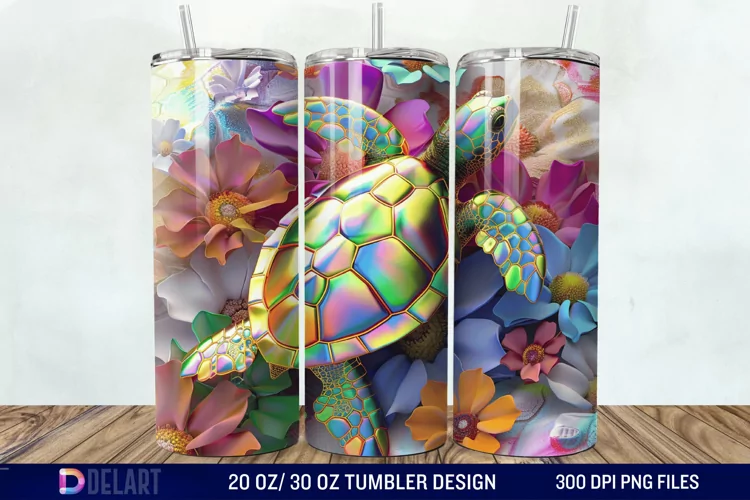 3D Turtle Flowers Tumbler wrap
