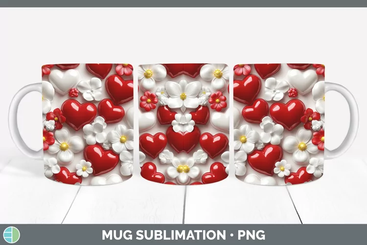 3D Valentine Red Hearts Mug Wrap Sublimation Coffee Cup Desi