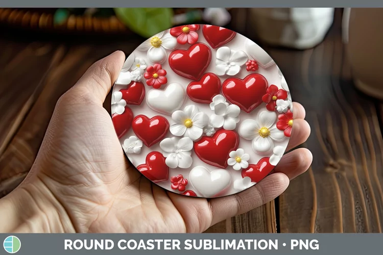 3D Valentine Red Hearts Round Coaster Sublimation Coaster De