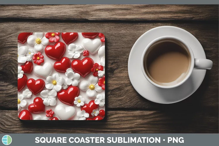 3D Valentine Red Hearts Square Coaster Sublimation Coaster D