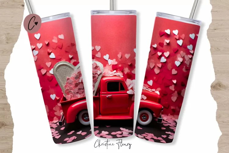 3D Valentine Vintage Truck Tumbler Wrap PNG | Valentine PNG
