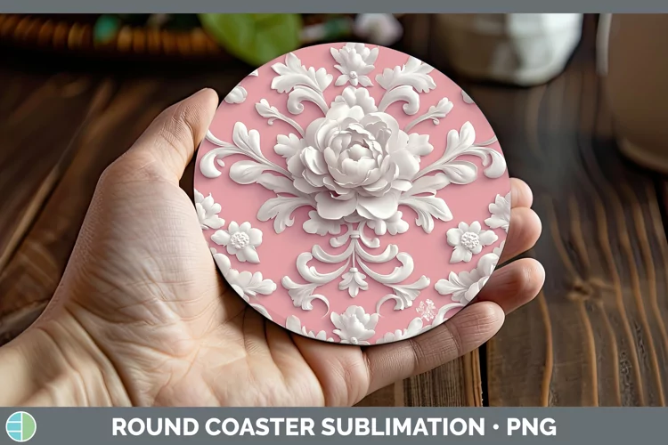 3D Valentine White Damask Round Coaster Sublimation Coaster