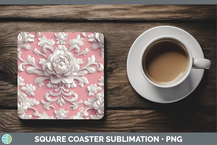 3D Valentine White Damask Square Coaster Sublimation Coaster