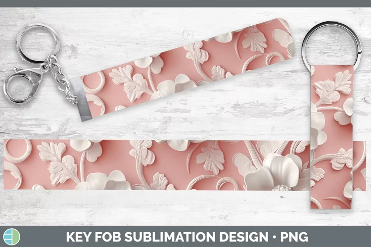 3D Valentine White Flowers Key Fob Sublimation Wristlet Desi