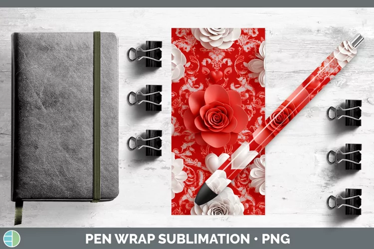 3D Valentine White Flowers Pen Wrap Sublimation Pen Designs