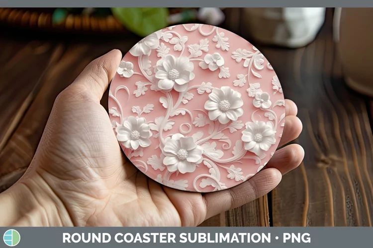3D Valentine White Flowers Round Coaster Sublimation Coaster