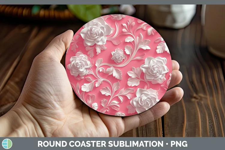 3D Valentine White Flowers Round Coaster Sublimation Coaster