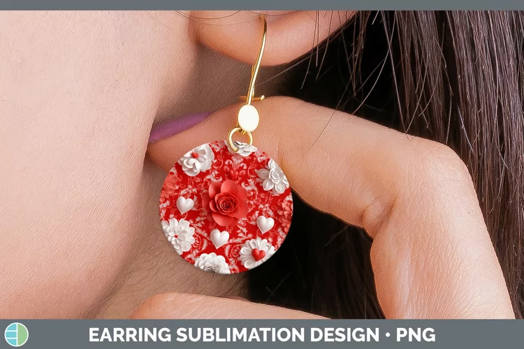 3D Valentine White Flowers Round Earrings Sublimation Earrin