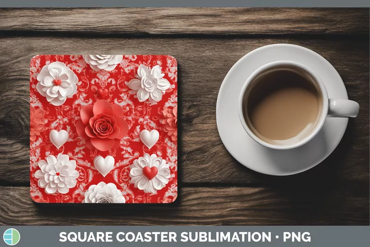 3D Valentine White Flowers Square Coaster Sublimation Coaste