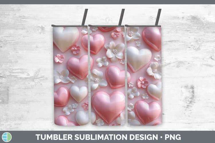 3D Valentine White Hearts Tumbler Sublimation 20 oz Skinny T