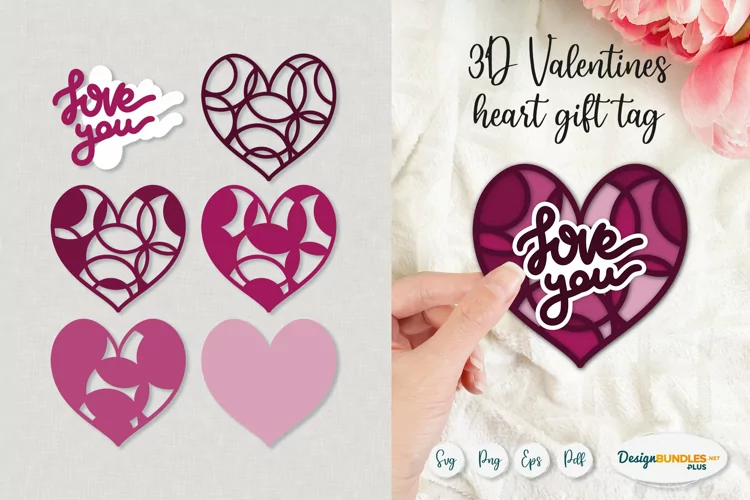 Valentine 3D papercut heart ornament | Love You gift tag SVG