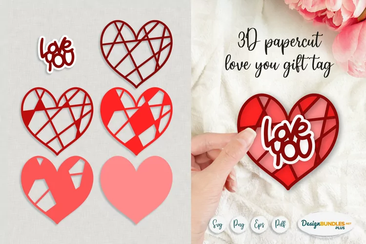 3d Valentines papercut gift tag | Layered Love You card SVG
