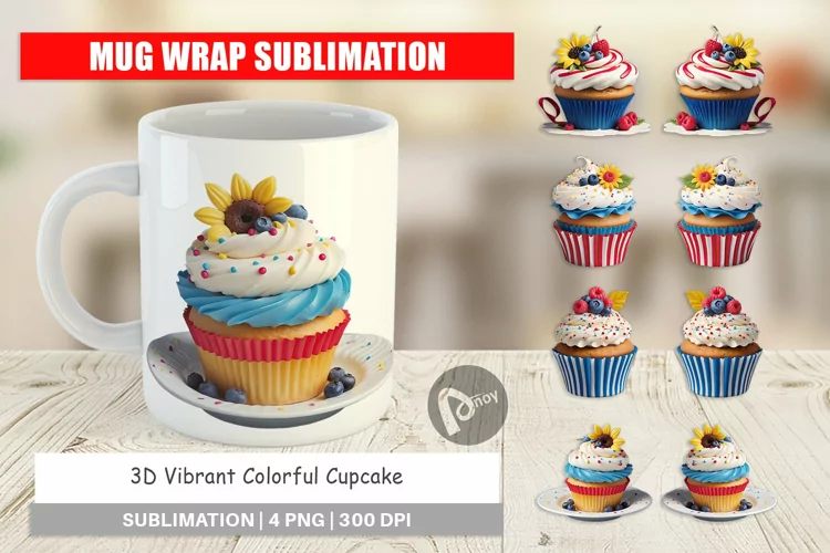 Mug Wrap Design 3D Colorful Cupcake