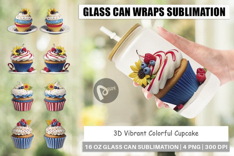 Glass Can Wraps 3D Colorful Cupcake example image 1