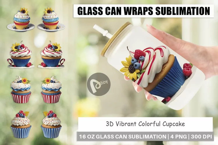Glass Can Wraps 3D Colorful Cupcake