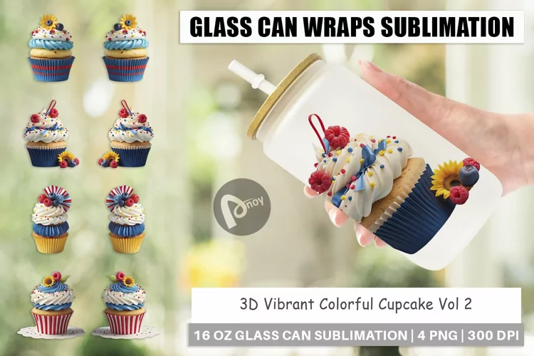 Glass Can Wraps 3D Colorful Cupcake