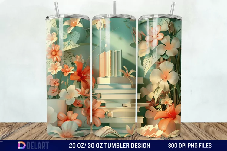 3D Vintage Books Flowers Tumbler Wrap