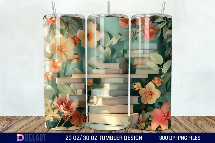 3D Vintage Books Flowers Tumbler Wrap