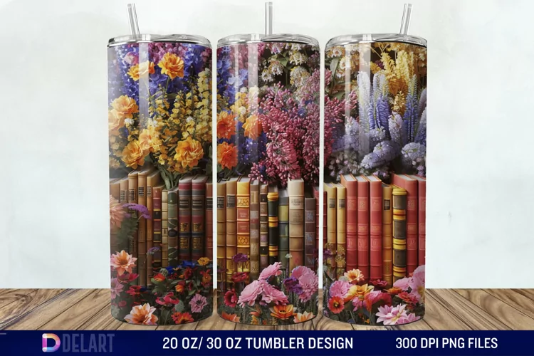 3D Vintage Books Flowers Tumbler Wrap