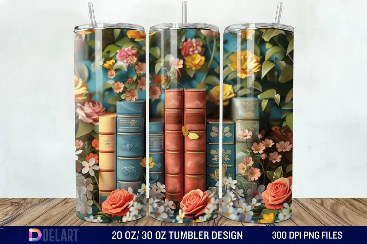 3D Vintage Books Flowers Tumbler Wrap