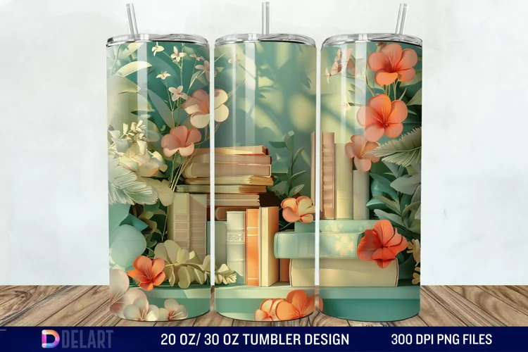 3D Vintage Books Flowers Tumbler Wrap