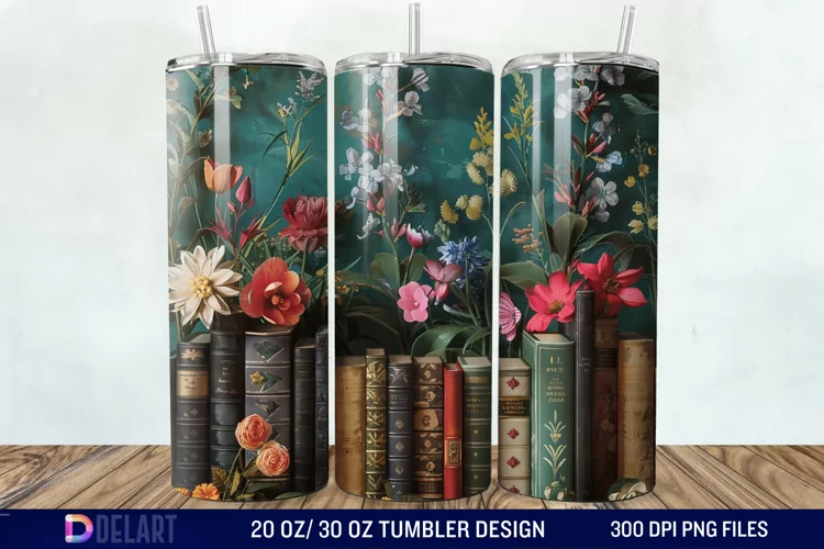 3D Vintage Books Flowers Tumbler Wrap