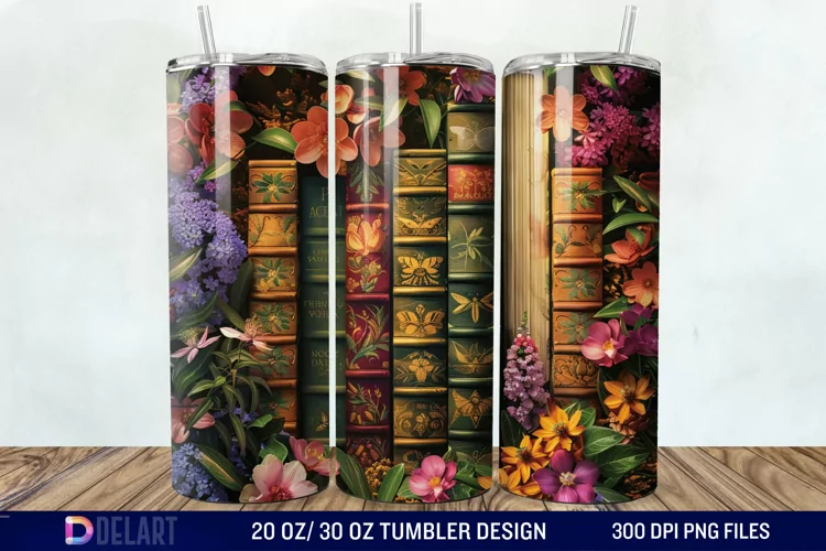 3D Vintage Books Flowers Tumbler Wrap