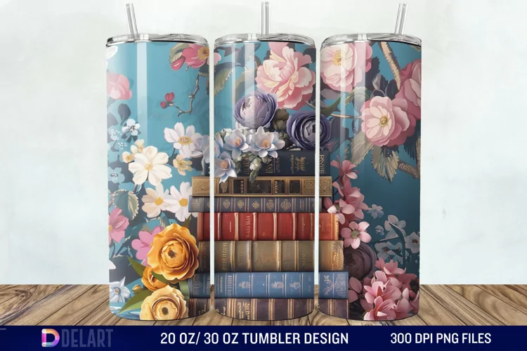 3D Vintage Books Flowers Tumbler Wrap